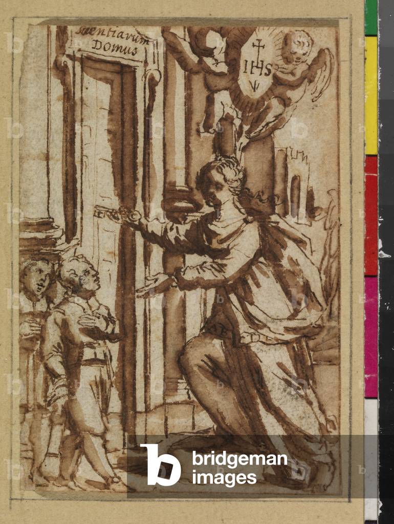 Literacy unlocking the door to learning, 1575-1600 (traces of graphite, pen & brown ink, and brown wash on laid paper, hinged at left edge to a historic support)