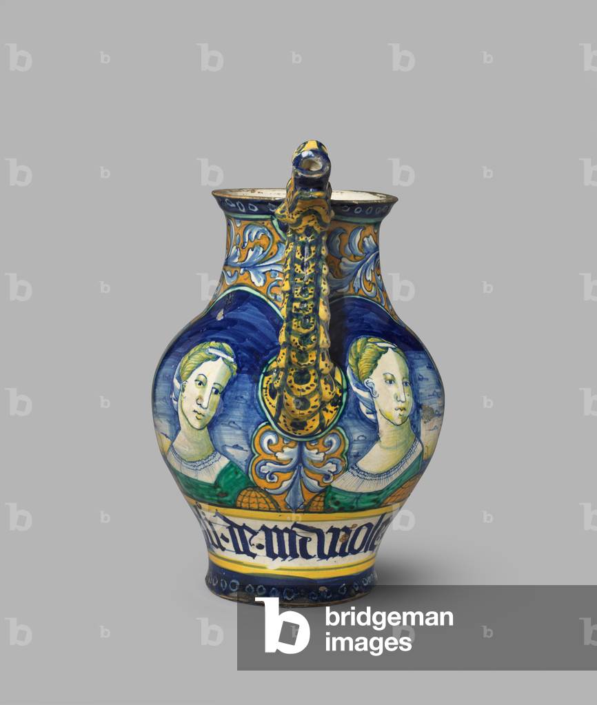 Dragon-spouted drug jar or orciolo with two female half-length figures, c.1520 (tin-glazed earthenware (maiolica))