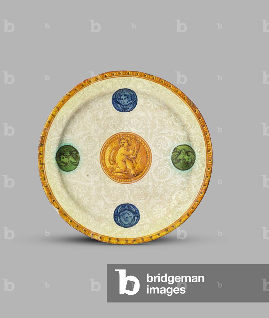 Plate with five medallions on 'bianco sopra bianco' ground with interlacing petal design on reverse, 1636 (tin-glazed earthenware (maiolica))