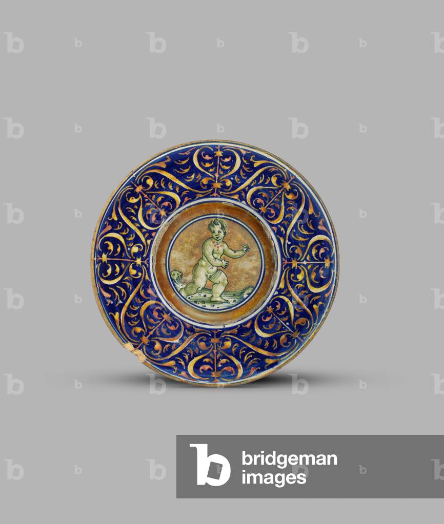 Lustred dish or tondino with putto running in a stony landscape, c.1530 (tin-glazed earthenware (maiolica))