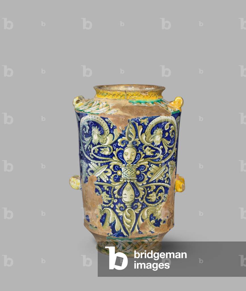 Two-handled jar with interlace and chimera patterns on a blue ground, c.1520-c.1540 (tin-glazed earthenware (maiolica))