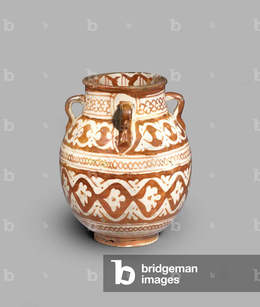 Oviform jar (orza) with four handles and lustred decoration, 1550-99 (tin-glazed lustred ceramic)