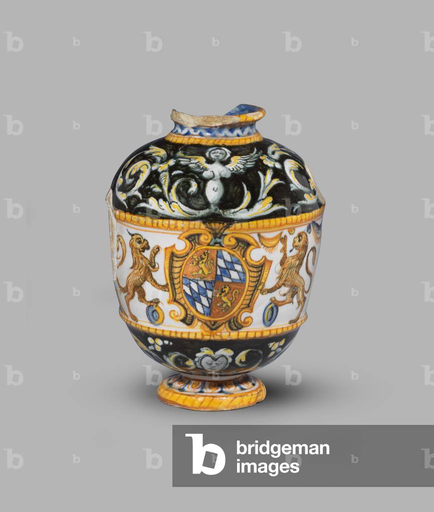 Ovoid jug (formerly called vase) with grotesque decoration and arms of Wittelsbach of Bavaria, 1550-1600 (tin-glazed earthenware (maiolica))