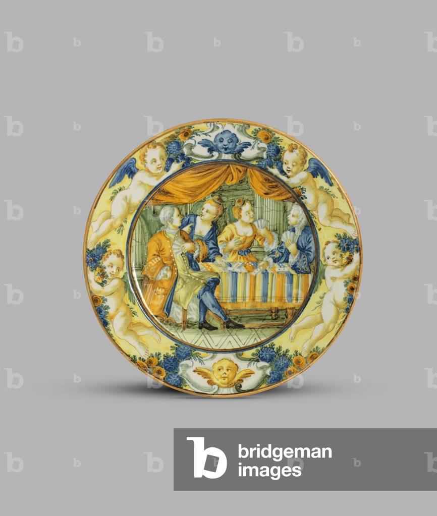 Plate with ladies and gentlemen playing cards, bordered by putti with flowers, c.1750 (tin-glazed earthenware (maiolica))