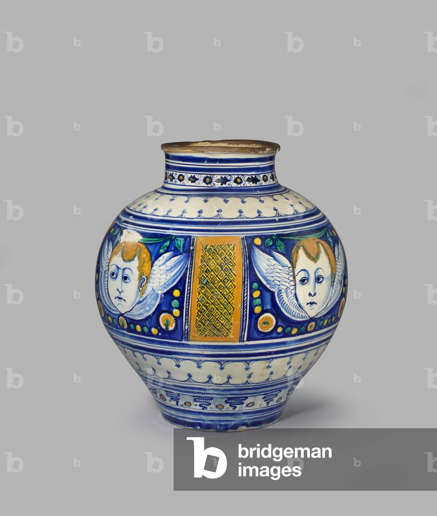 Large globular jar decorated with four heads of cherubs, c.1490-c.1500 (tin-glazed earthenware)