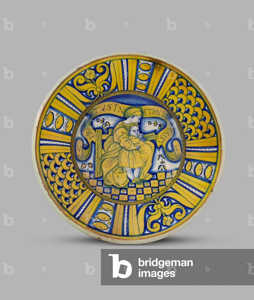 Lustred dish or piatto da pompa with woman teaching a boy to read, 1500-50 (tin-glazed earthenware (maiolica))