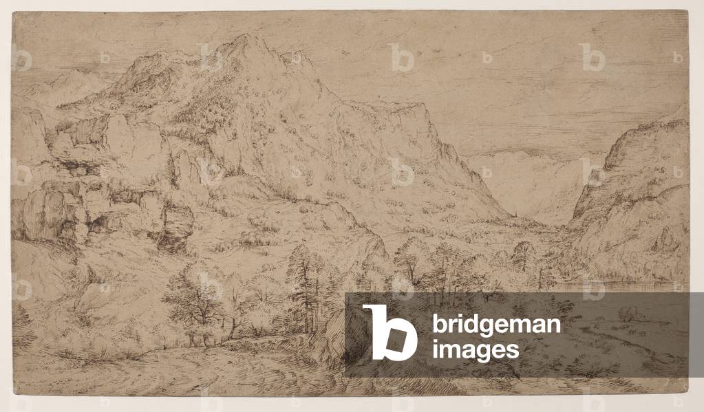 Alpine landscape, 16th century (pen & ink on brown paper)
