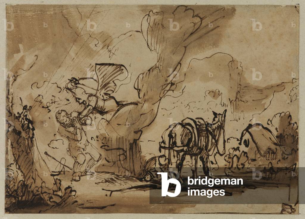 The Angel of the Lord attacks Moses and Zipporah circumcises their Son to allay God's Wrath (pen & ink and w/c on paper)