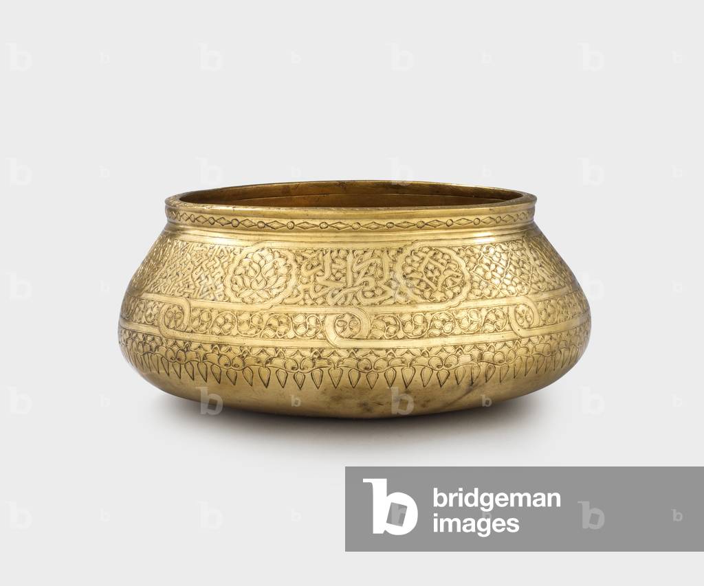 Brass bowl with floral motif, 1475-1525 (engraved brass, formerly inlaid with silver)