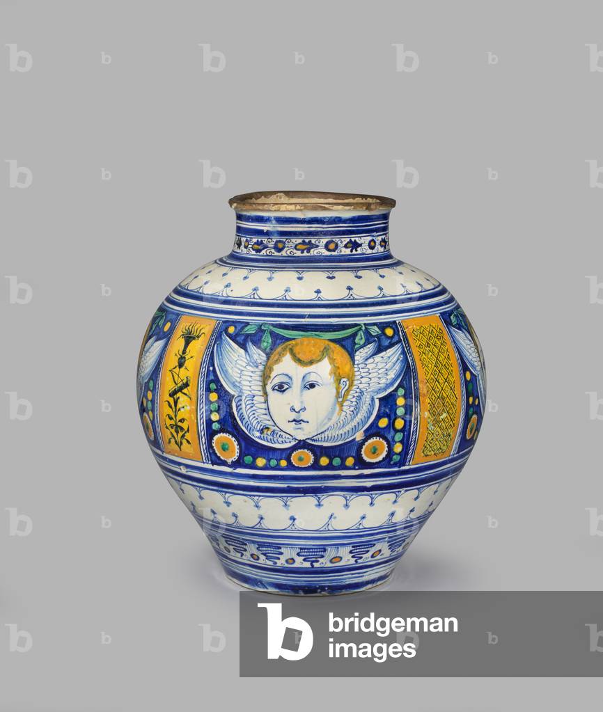 Large globular jar decorated with four heads of cherubs, c.1490-c.1500 (tin-glazed earthenware)