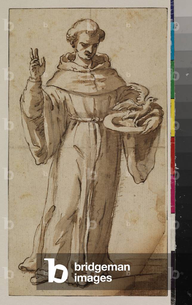 Saint Nicholas of Tolentino, 1650-99 (black chalk, pen and brown ink, brown wash on laid paper, laid down, with brown ink framing lines, the lower right corner made up)
