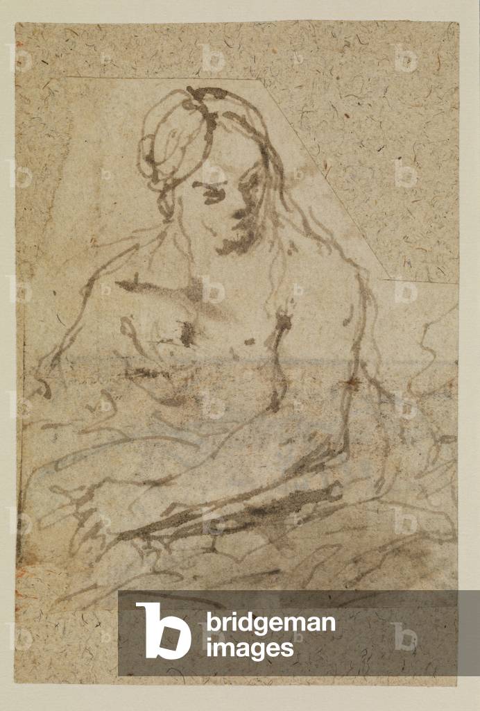 Saint Mary Magdalene (recto), 17th century (pen & brown ink, brown wash cut out along the outlines of the figure and laid down)