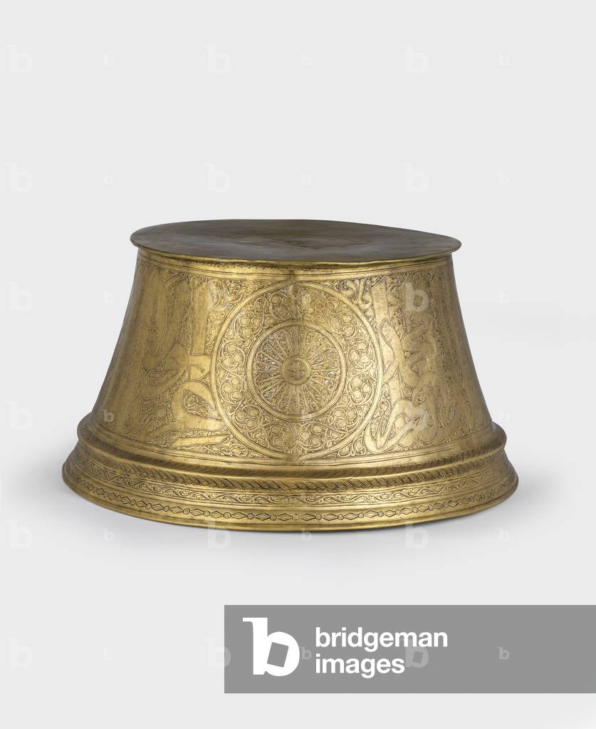 Candlestick base, 1342 (metalworked engraved brass & silver inlay)