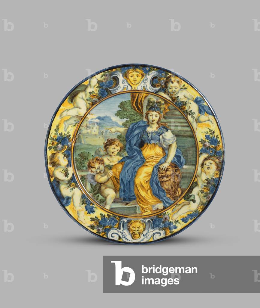 Plate with allegorical figure of Fortitude, bordered by putti with flowers, c.1700 (tin-glazed earthenware (maiolica))