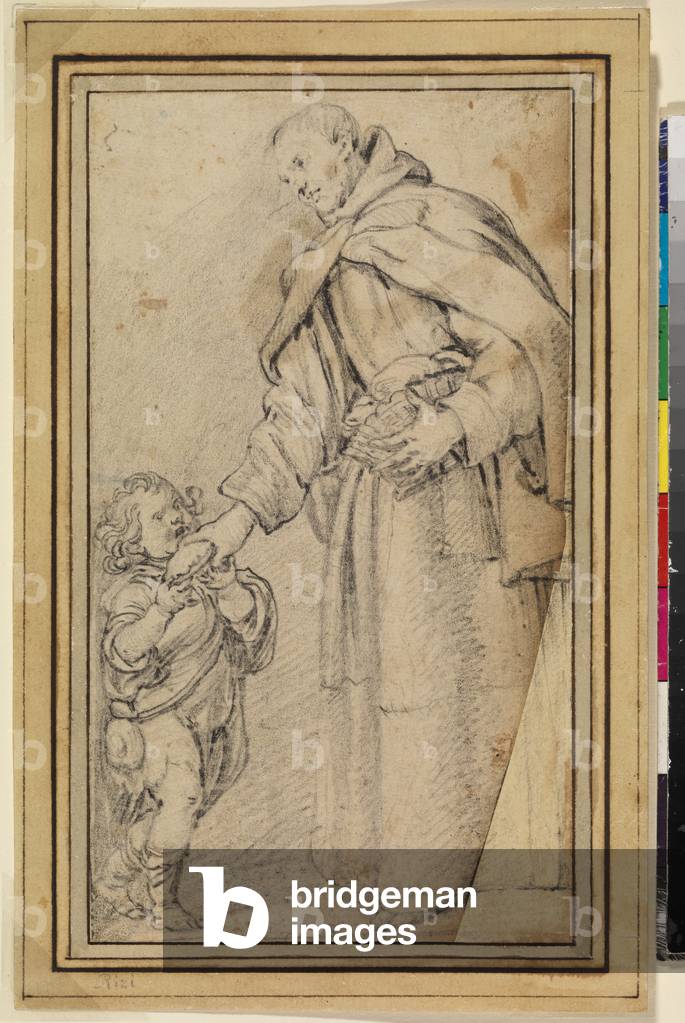 San Diego of Alcalá giving bread to a poor child, 17th century (black chalk on laid paper)