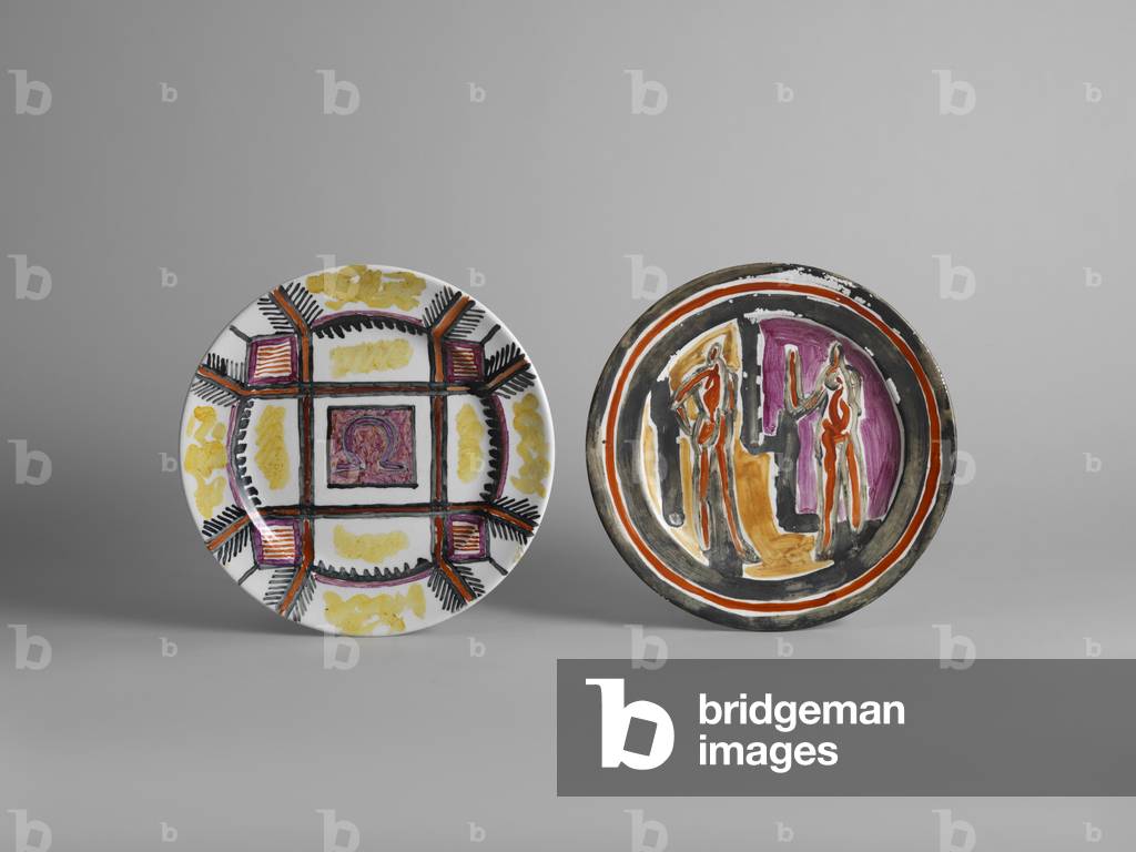 Plate with overglaze geometric design enclosing Omega symbol; Plate with overglaze painted design of two nude figures, 1913-c.1914 (glazed earthenware with painted decoration; Commercially produced white glazed plate overpainted with four colours)