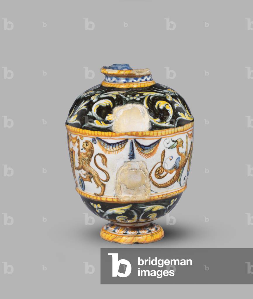Ovoid jug (formerly called vase) with grotesque decoration and arms of Wittelsbach of Bavaria, 1550-1600 (tin-glazed earthenware (maiolica))