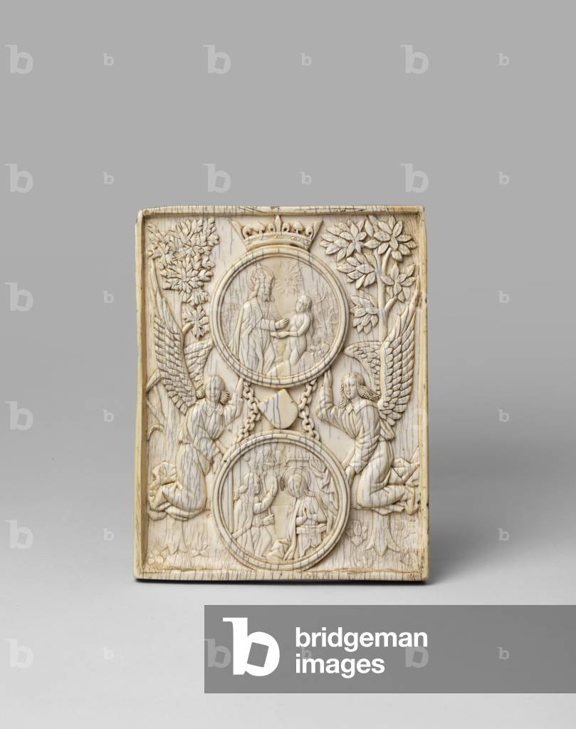 The Creation of Eve and the Annunciation on a single panel, in the Gothic style, 19th century (carved ivory)