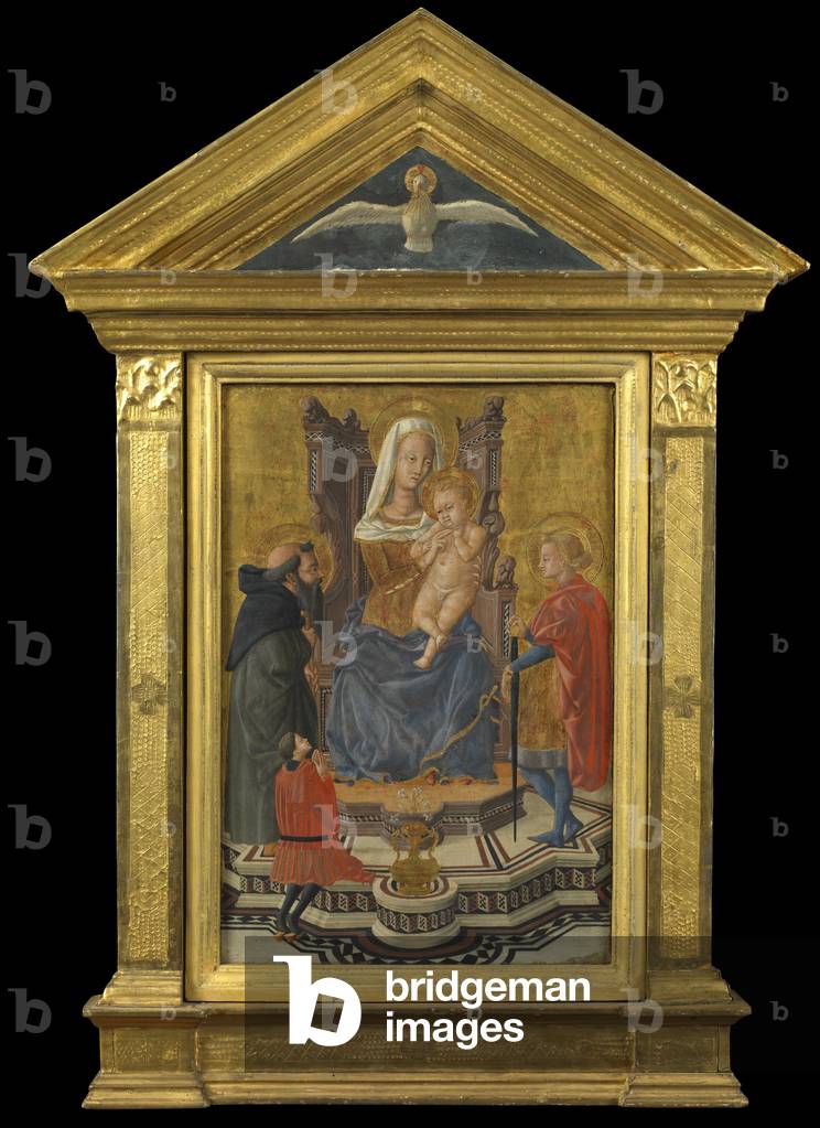 Virgin and Child Enthroned, with Saints Anthony Abbot and Julian and a Donor (pediment above - Holy Ghost), c.1430 (tempera on panel)