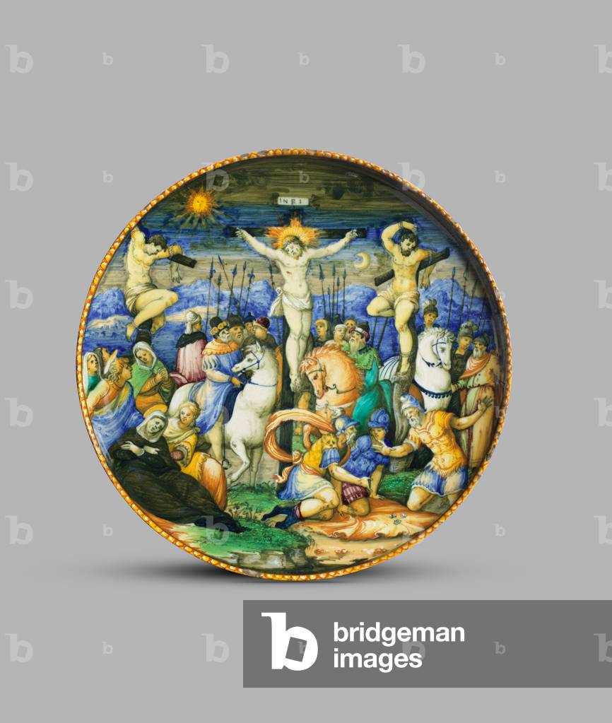 Footed dish or tazza depicting the Crucifixion (obverse), c.1550 (tin-glazed earthenware (maiolica))