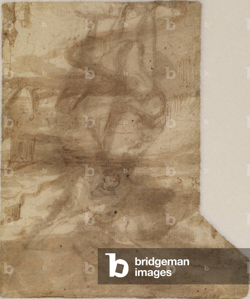 Fragment of a landscape (verso), 17th centuy (pen & brown ink, and brown wash on laid paper, trimmed unevenly so is longer at top edge to accommodate angel wings) [see 5948349]