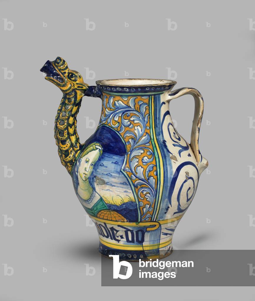 Dragon-spouted drug jar or orciolo with two female half-length figures, c.1520 (tin-glazed earthenware (maiolica))