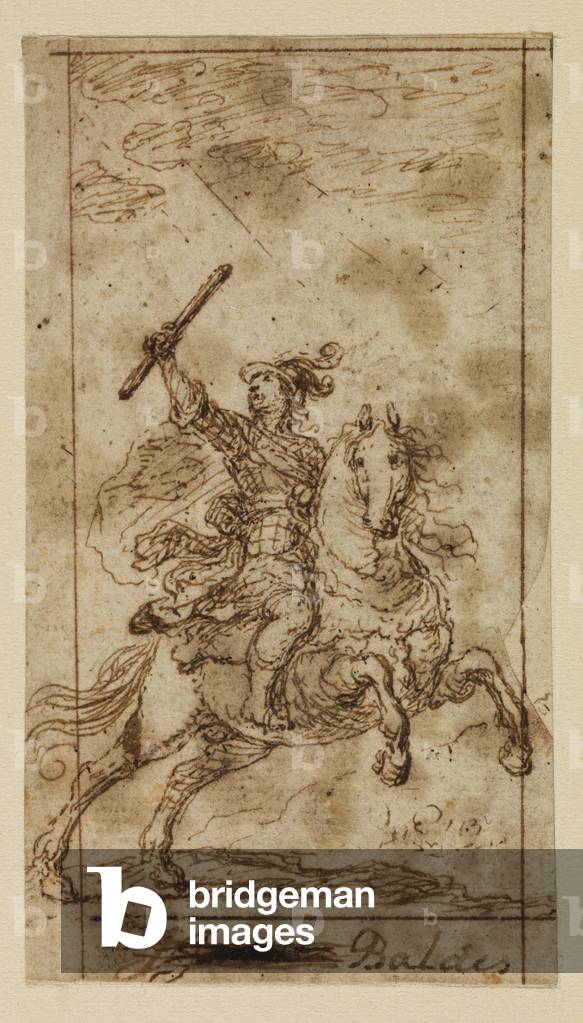 Mounted warrior, 17th century (black chalk, pen & brown ink on laid paper with brown ink framing lines)