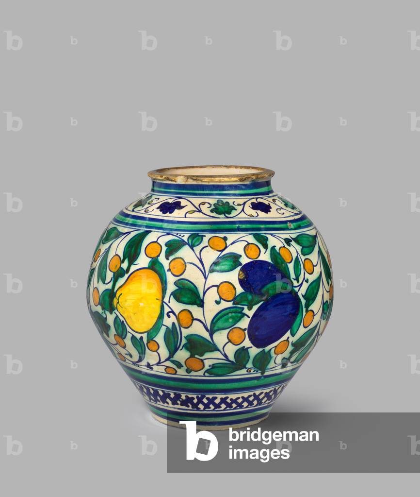 Large globular jar decorated with fruit and leaves, c.1550 (tin-glazed earthenware (maiolica))