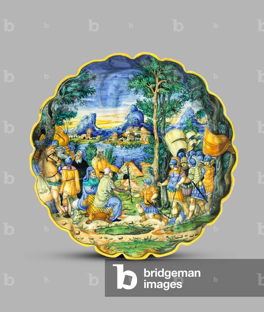 Scalloped footed dish or tazza depicting Hasdrubel receiving the baton of commander from the rulers of Carthage, 1540-45 (tin-glazed earthenware (maiolica))