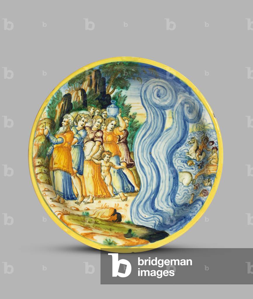 Deep dish depicting crossing of the Red Sea, 1560 (tin-glazed earthenware (maiolica))