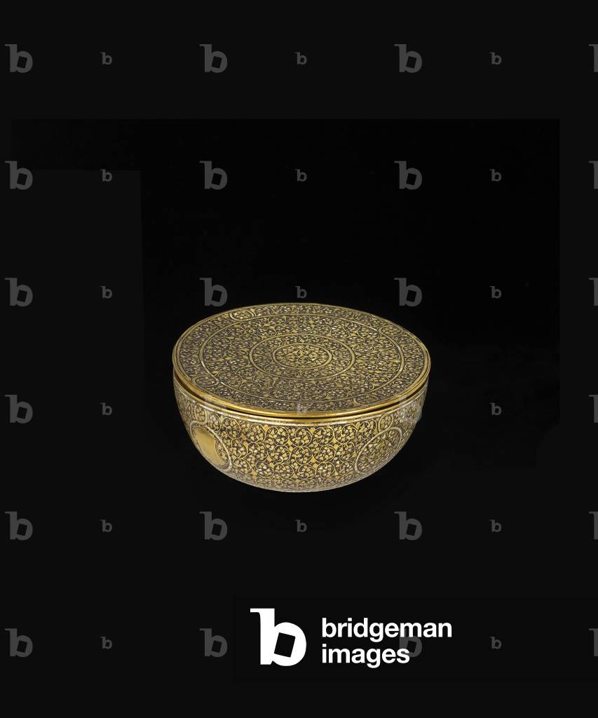 Bowl-shaped box with cover of engraved brass with silver inlay, 1475-1525 (metalworked brass and silver inlay) [see 5948498 and 5948499]