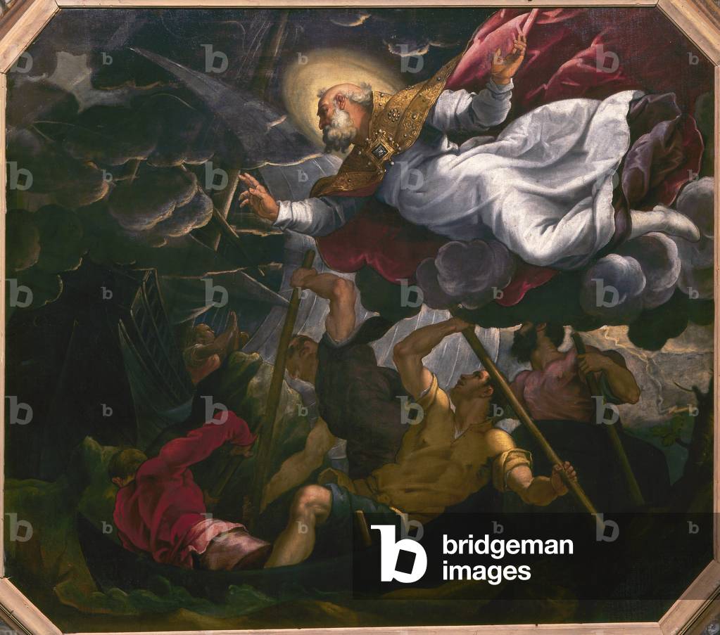 St. Nicholas helping some sailors in a storm (oil on board)