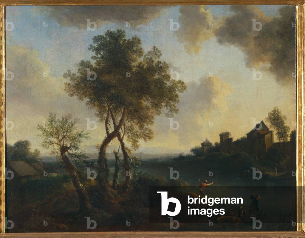 Landscape with river and figures (oil on canvas)