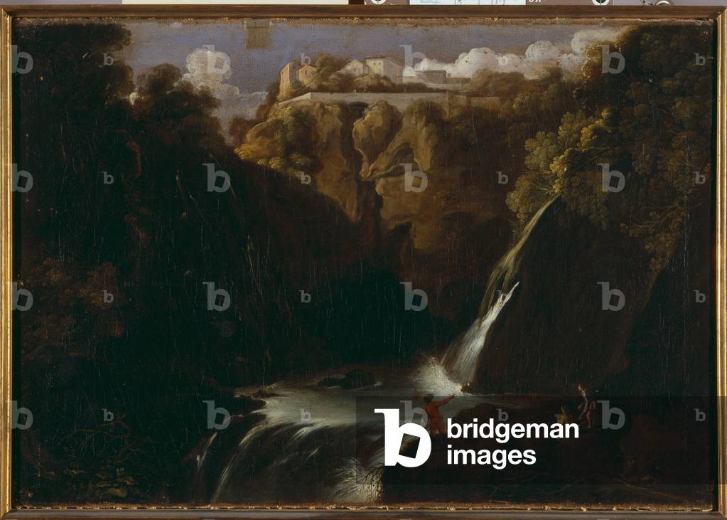Landscape with waterfall and house on hill