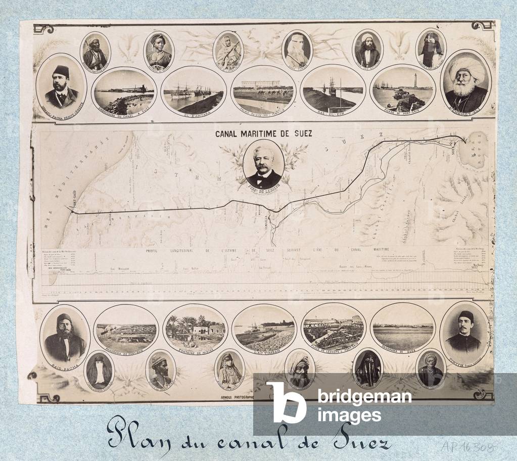 Piano del Canale di Suez (Egitto), con ritratti di Ferdinando de Lesseps (1805-1894), Ismail Pasha (1830-1895)
