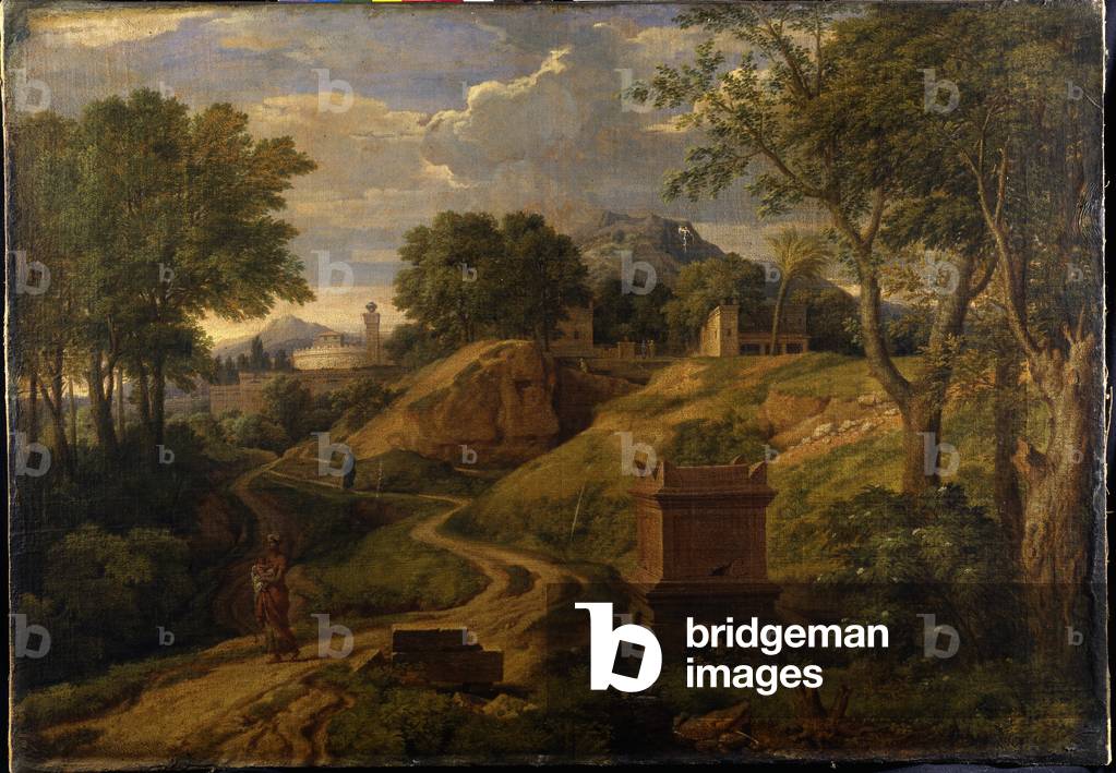 Classical landscape with a woman carrying a child, c.1650-75 (oil on canvas)