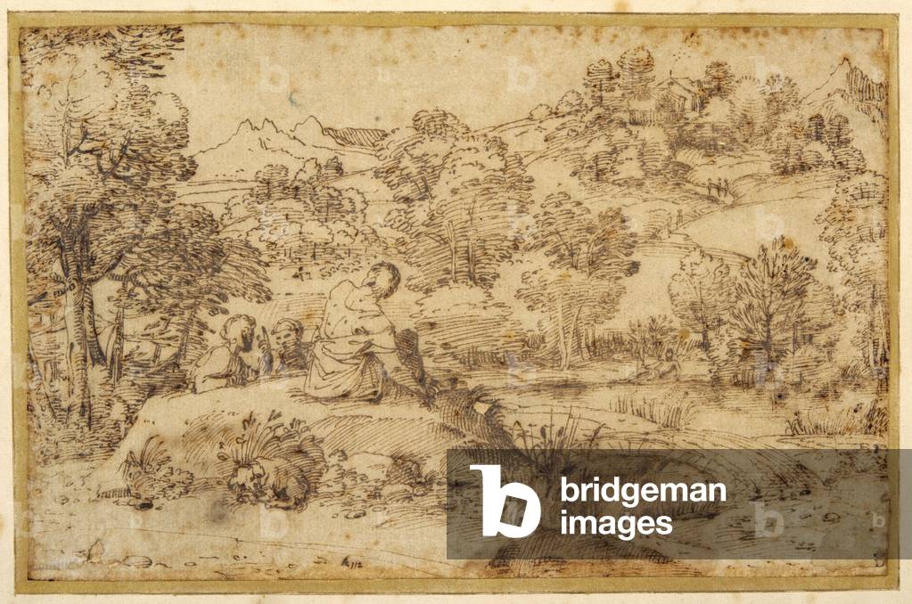 Landscape, in the foreground three men resting and a dog asleep, by a stream (pen & brown ink on paper)