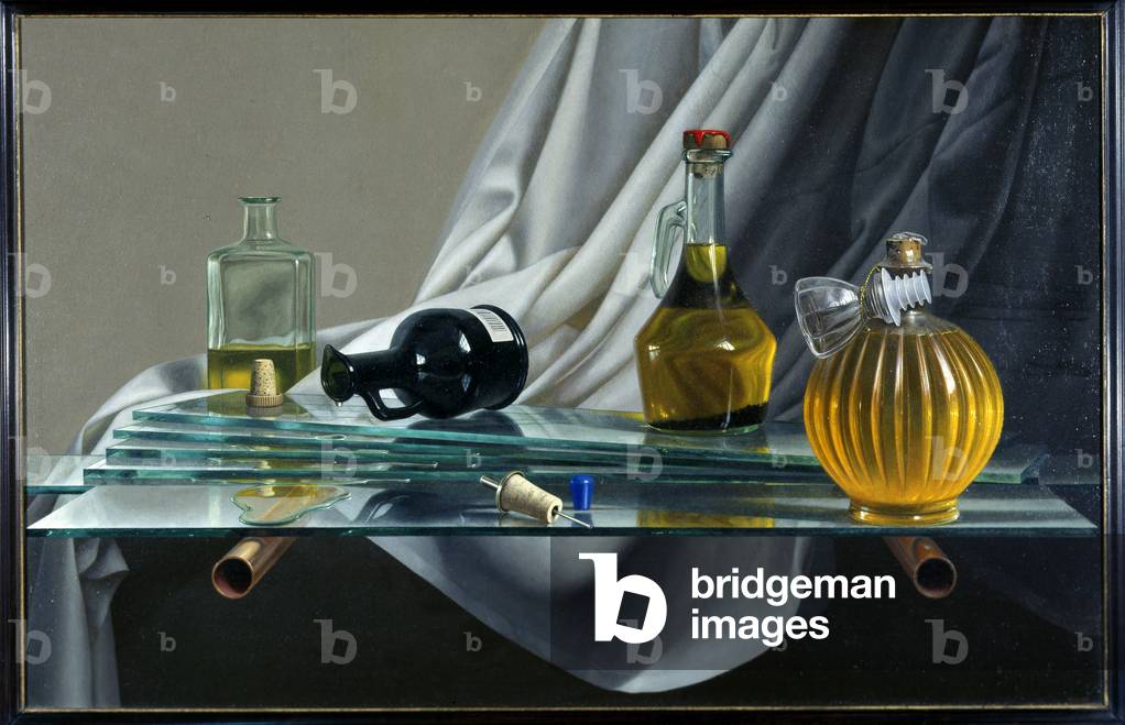 Olive Oil Bottles On A Glass Shelf, 2000 (oil on board)
