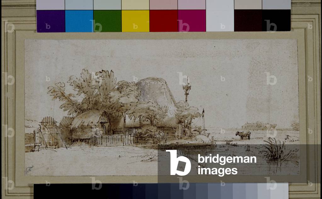 Landscape with a farmhouse by a river (pen & ink on paper)