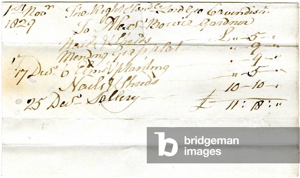 Devonshire MSS AS 3101, folio from a bundle of bills settled by Pinder Simpson for Lord George Cavendish, including Alexander Bowie's bill, 1829-300 (pen & ink on paper)