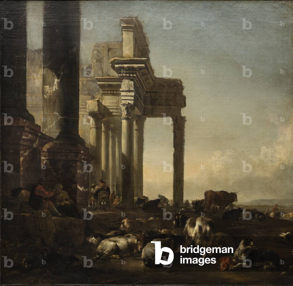 An Italianate Landscape with peasants, cattle and sheep by classical ruins, c.1650s (oil on canvas)