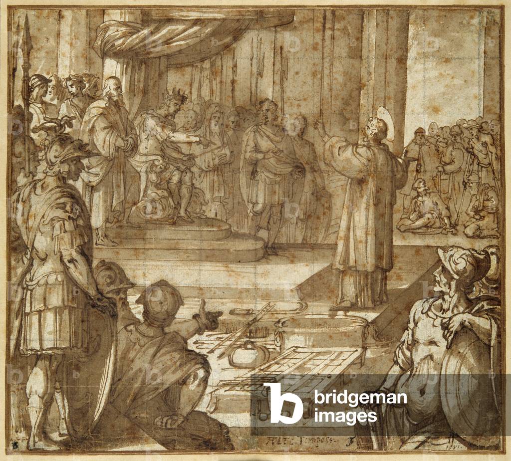 St Lawrence discourses in the presence of the Prefect Decius, 1581 (pen & brown ink with brown wash)