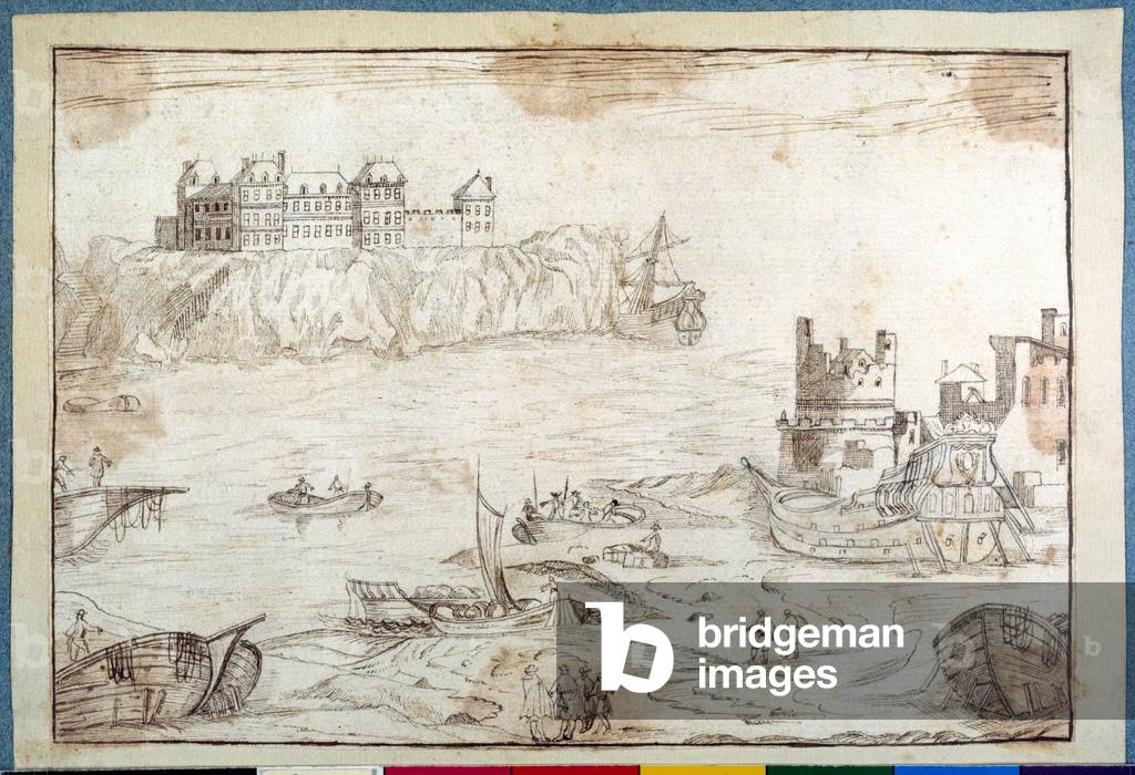 A castle surmounting cliffs, with studies of galleons and fishing boats (pen & brown ink on paper)