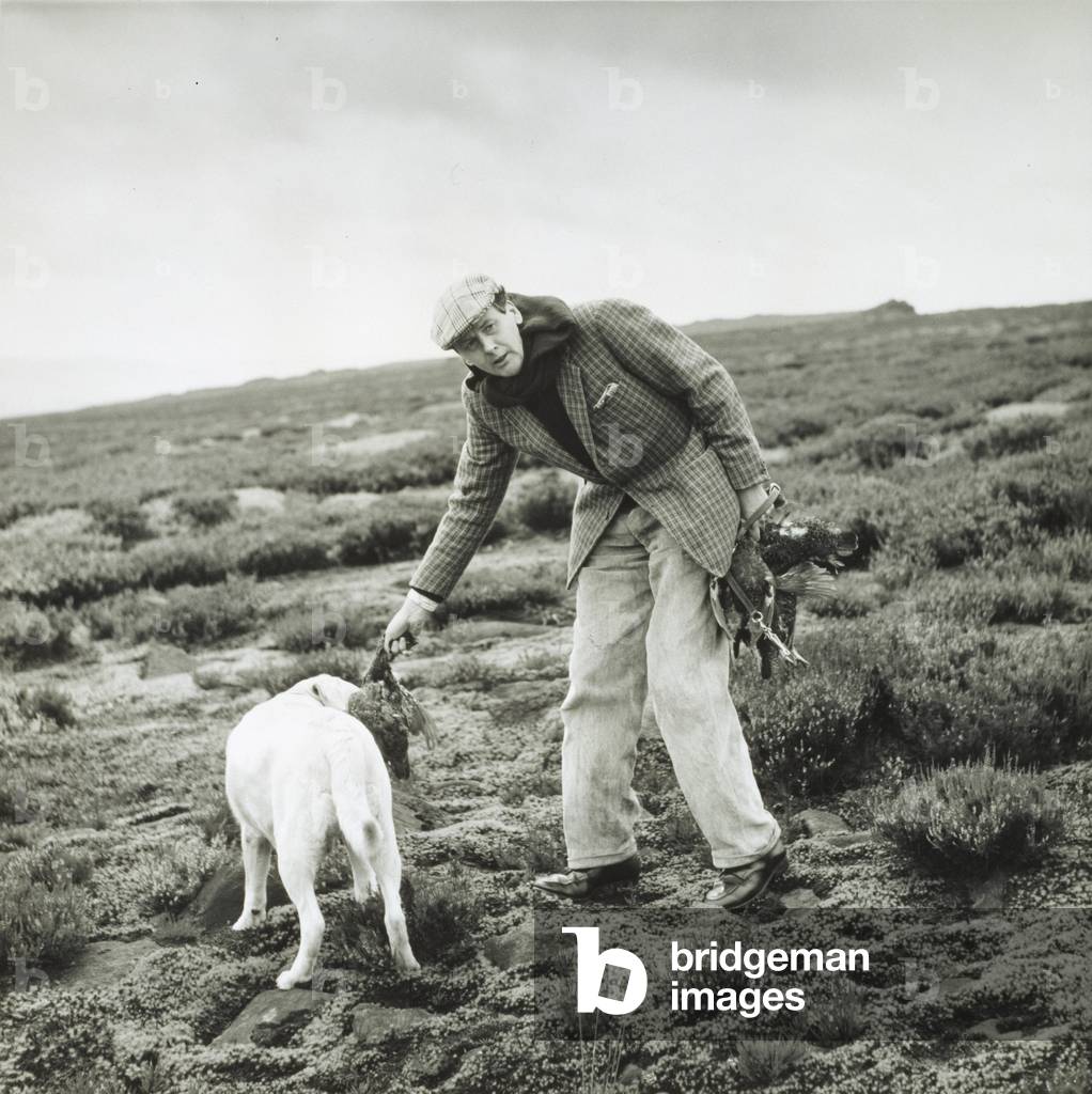 11th Duke of Devonshire at a grouse shoot at Bolton Abbey, 1958 (b/w photo)
