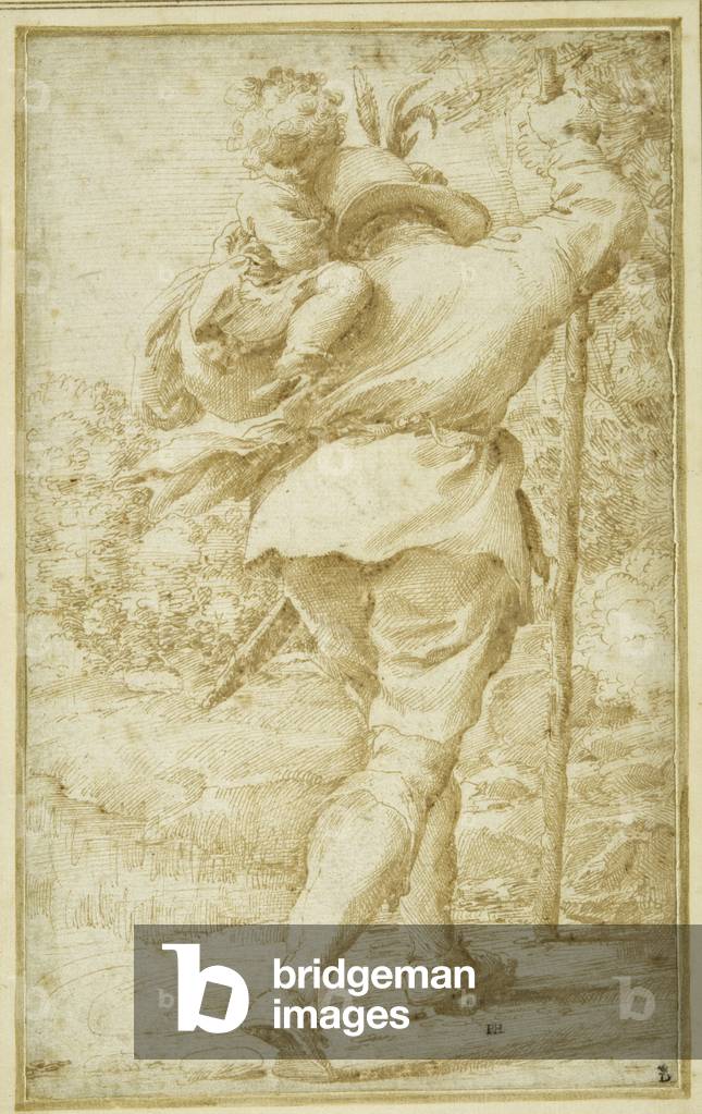 St. Christopher ferrying the Christ Child (pen & brown ink on white paper)