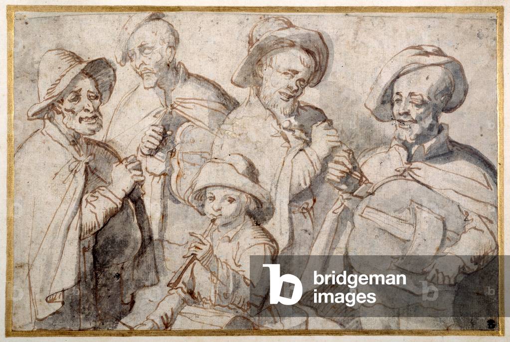 Four hurdy-gurdy players and a boy with a pipe, School of Lorraine (pen & ink with wash on paper)