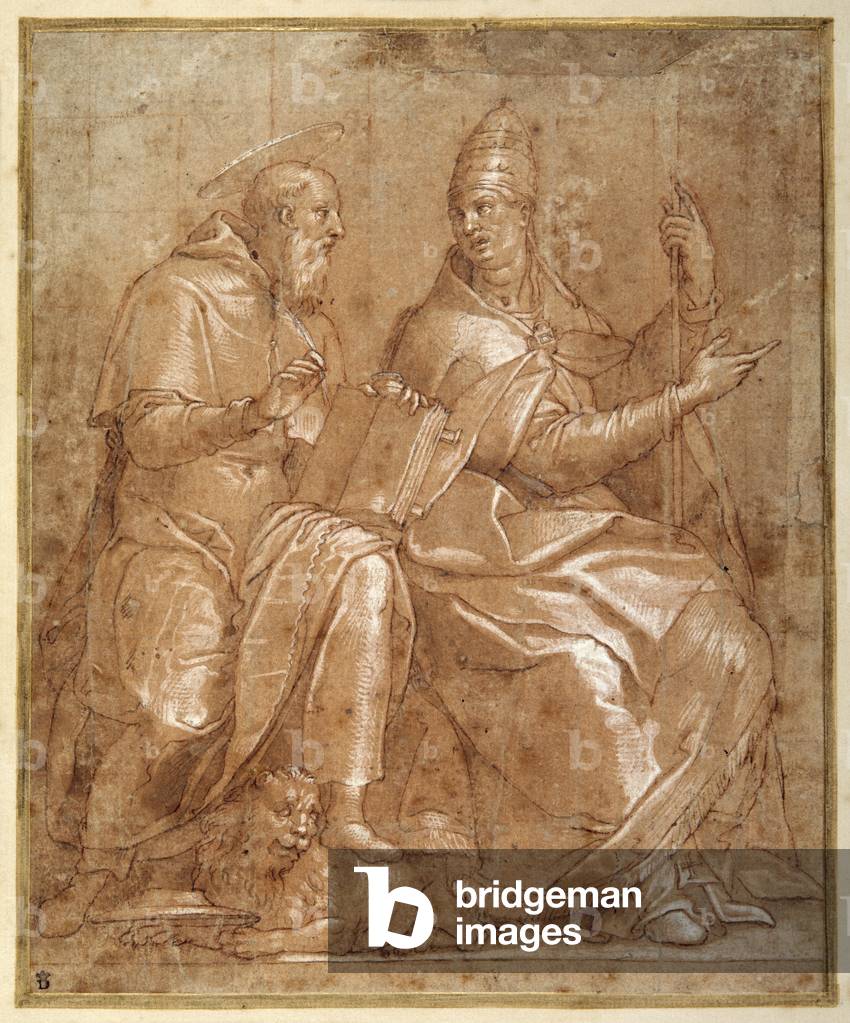St Jerome conversing with St Gregory the Great (pen & brown ink with reddish brown wash and heightening)
