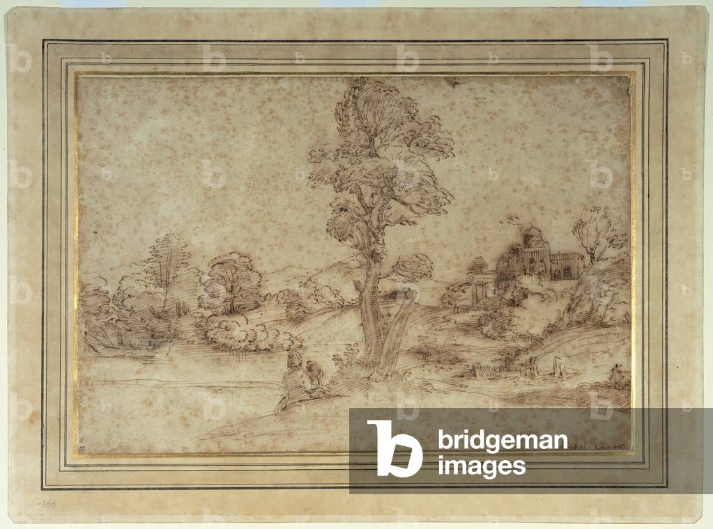 landschaft mit einem see und gebäude, eine mutter und kind sitzend von einem baum (stift & braune tinte auf pa