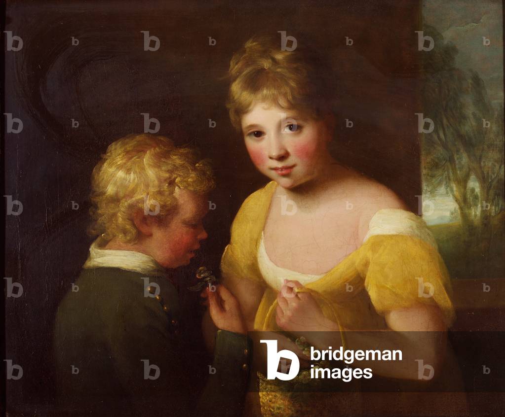 Two children with a basket of flowers (oil on canvas)