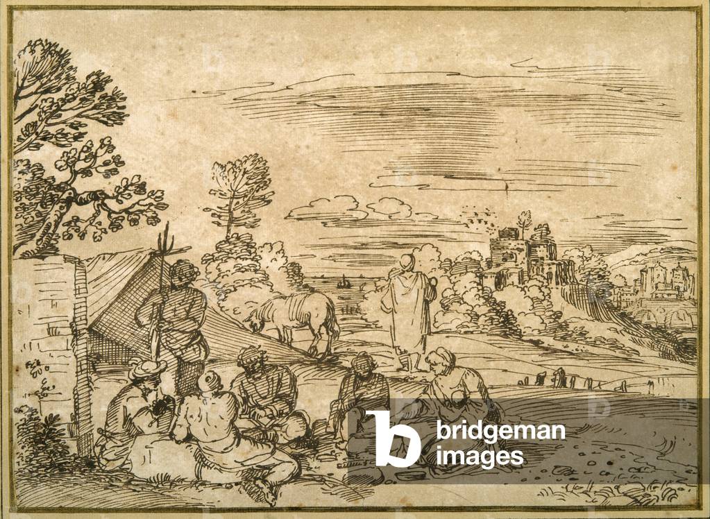 Paesaggio con zingari bivacco (penna & inchiostro marrone su carta)